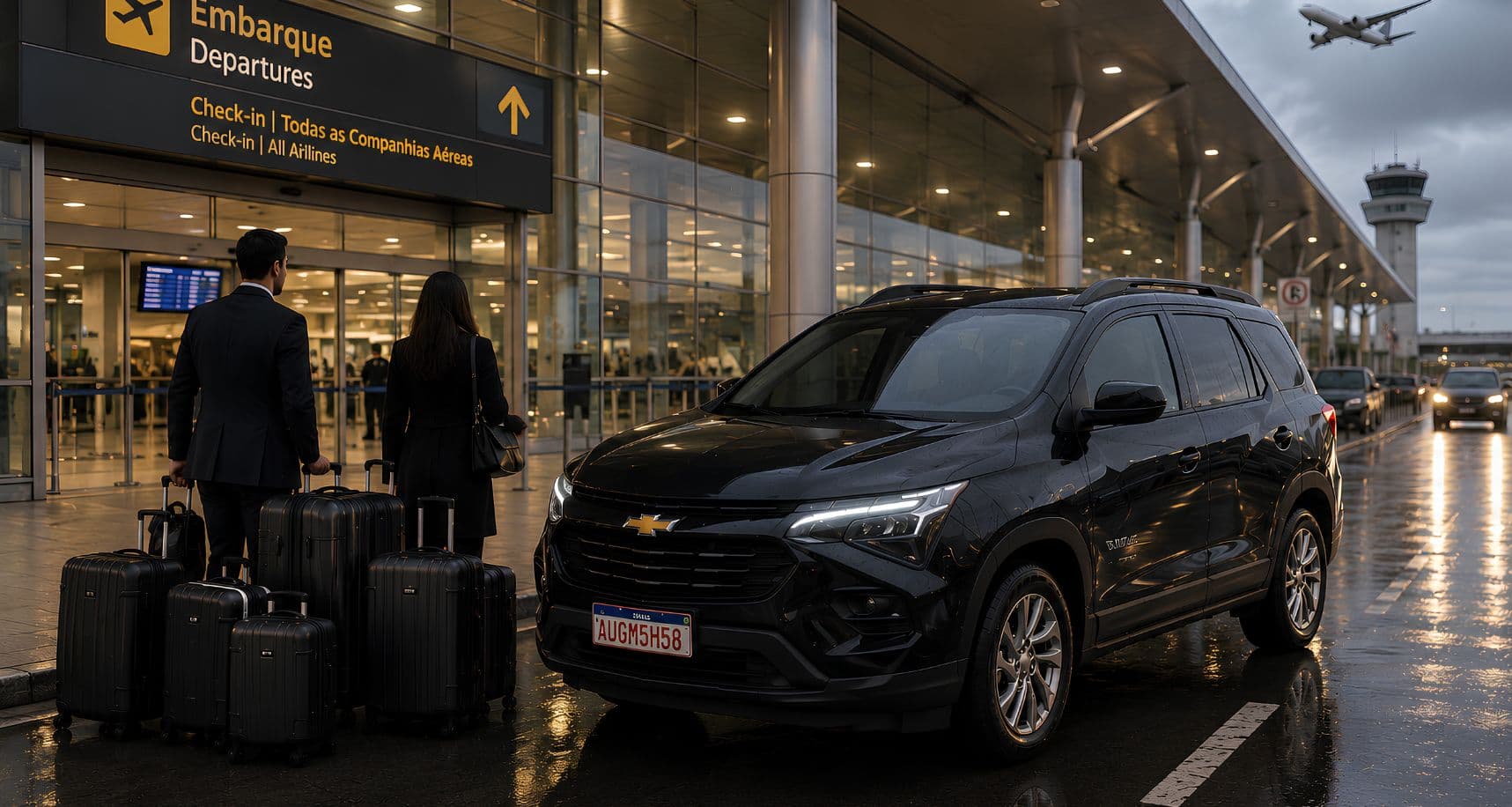 Carro executivo premium à noite aguardando no aeroporto
