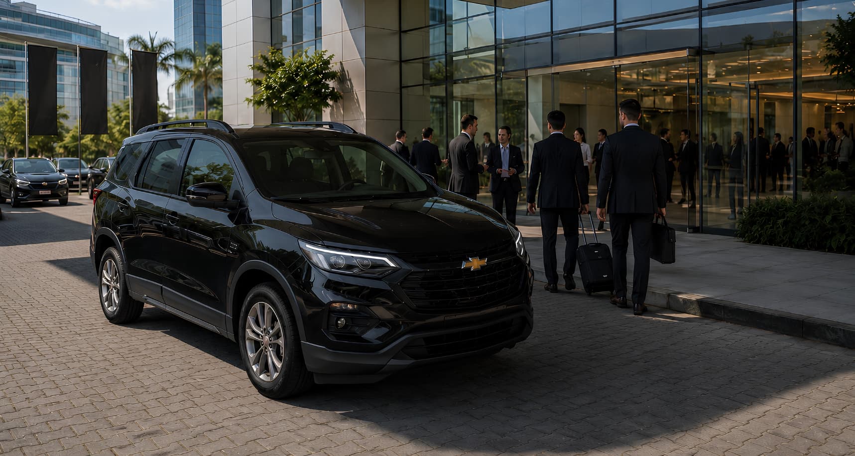 Veículo executivo preto luxuoso em ambiente elegante